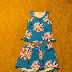 Blue with tye dye purple/neon green/white/black spots top & bottom set